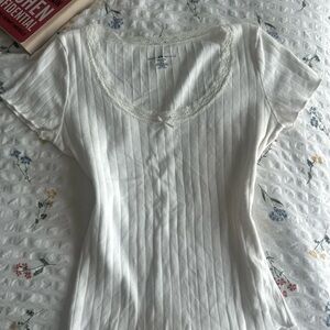 Lace-Trim Scoop Neck Ribbed Top - White